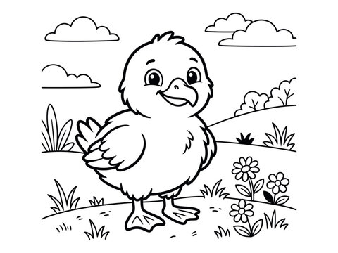 Cute baby chick illustration with flowers and clouds coloring page silhouette