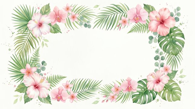Elegant pink watercolor tropical flower frame border with palm leaves and empty center copy space background tropical flower pink leaf green frame border botanical watercolor white background plant