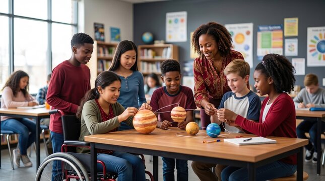 Diverse students building a solar system model together in an inclusive science classroom