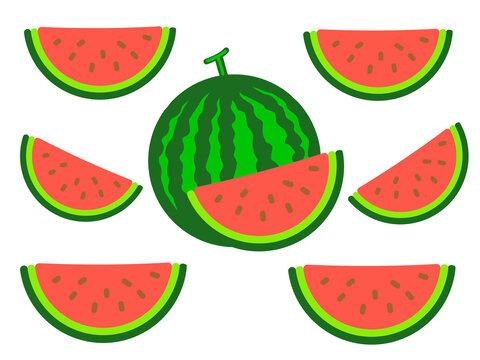 Watermelon and slices flat vector pattern illustration, cute whole watermelon with tropical red melon wedges and seeds on a white background, summer graphic design element, vector clipart
