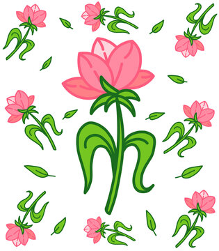 Pink lotus flower pattern illustration, cute hand-drawn pink lotus blossoms with green stems and leaves on a white background, botanical graphic design element, vector clipart