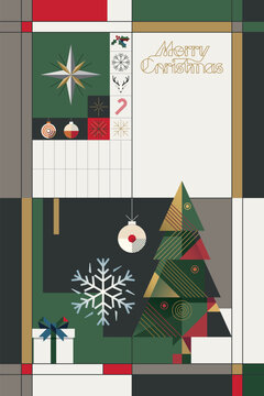 Abstract geometric Merry Christmas poster vertical template modern retro style have blank space.