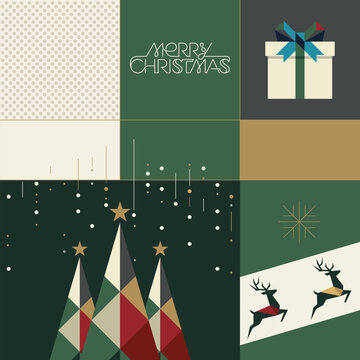 Abstract geometric Merry Christmas greeting card square template modern retro style