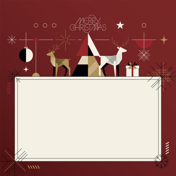 Abstract geometric Merry Christmas elements with blank rectangular frame on red background modern retro style square template