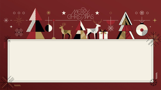 Abstract geometric Merry Christmas elements with blank rectangular frame on red background modern retro style horizontal template