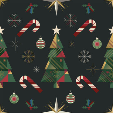 Minimalist geometric Christmas tree and elements seamless pattern on gray background square template