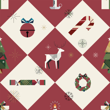 Geometric Christmas elements on red and white mosaic seamless pattern square template