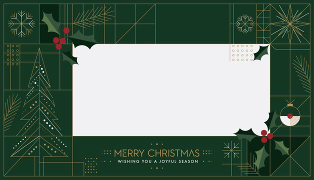 Merry Christmas calligraphy with abstract geometric elements and blank rectangular frame on green background modern retro style horizontal template