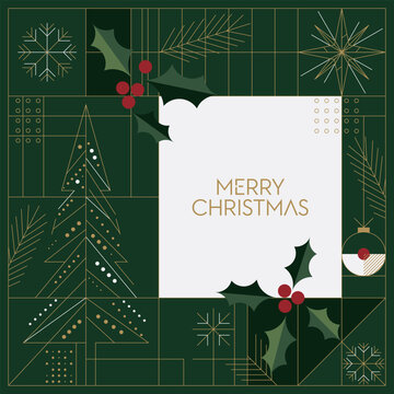 Merry Christmas greeting card with abstract geometric elements and blank rectangular frame on green background modern retro style square template