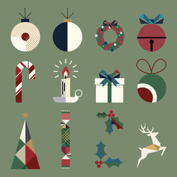 Set of geometric Christmas elements isolated modern retro style