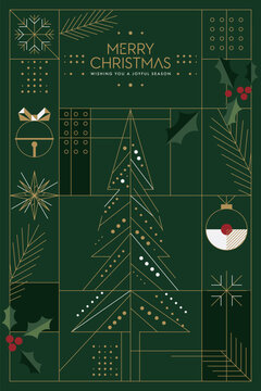 Merry Christmas greeting card with abstract geometric elements on green background modern retro style vertical template