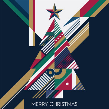 Merry Christmas greeting card with abstract geometric Christmas tree on navy blue background modern retro style square template