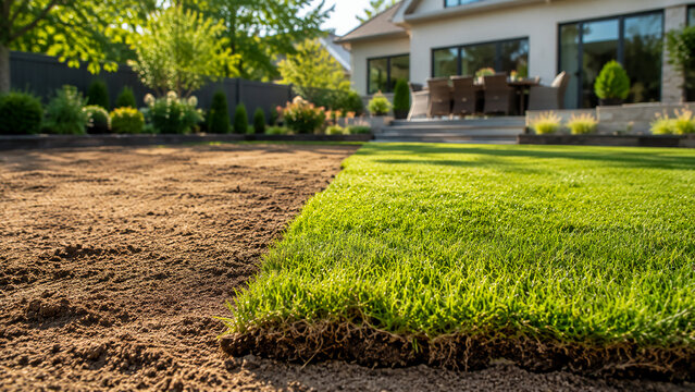 Fresh green sod is being laid on soil in a backyard garden with a house and patio furniture in the background under sunlight.