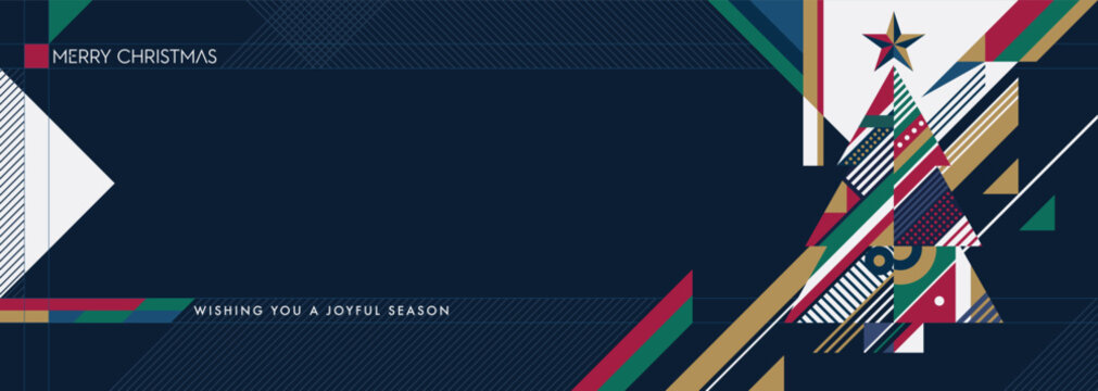 Merry Christmas greeting banner with abstract geometric Christmas tree on navy blue background modern retro style horizontal template have blank space.