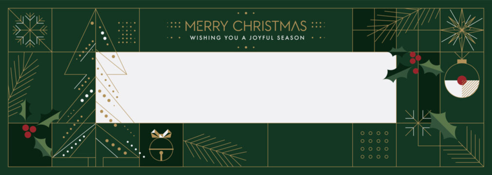 Merry Christmas greeting banner with abstract geometric elements and blank horizontal frame on green background modern retro style