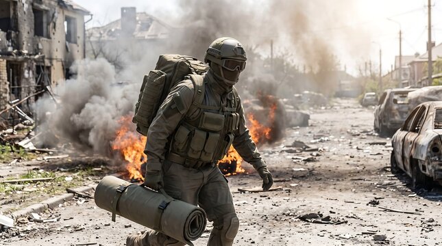 Armed soldier in tactical gear walking through a destroyed city street in a war zone