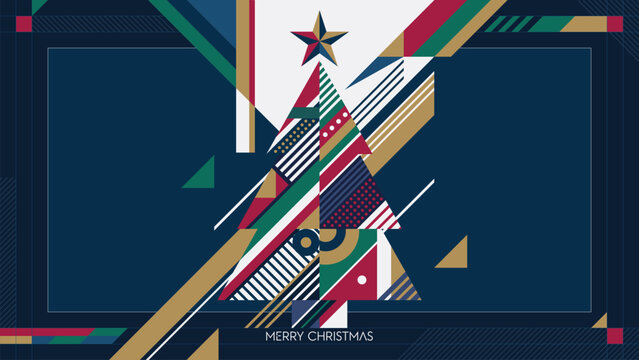 Merry Christmas with abstract geometric Christmas tree on navy blue frame background modern retro style horizontal template have blank space.