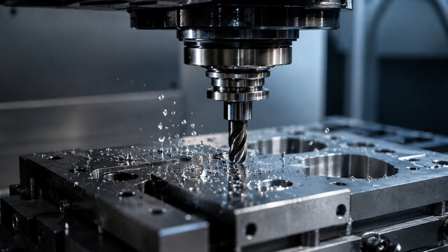 Close-up of a CNC milling machine cutting metal with precision, producing metal shavings in a controlled industrial environment.