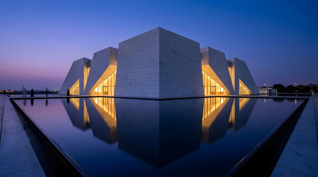 Modern Geometric Architecture Building Reflecting in Water at Twilight