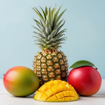 Tropical fruit assortment with a whole pineapple, two ripe whole mangoes, and one diced mango half on a white wooden table surface against a solid light blue studio background.
