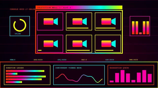 A digital streamer dashboard with multiple glowing camera monitor feeds and abstract visual status graphs presented on a dark neon interface for modern broadcast production tasks