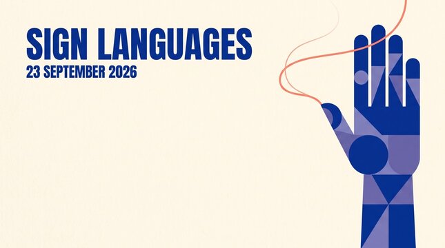 sign languages banner with geometric blue hand and text