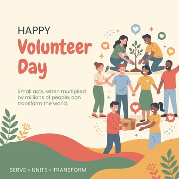 happy volunteer day poster with diverse people helping others