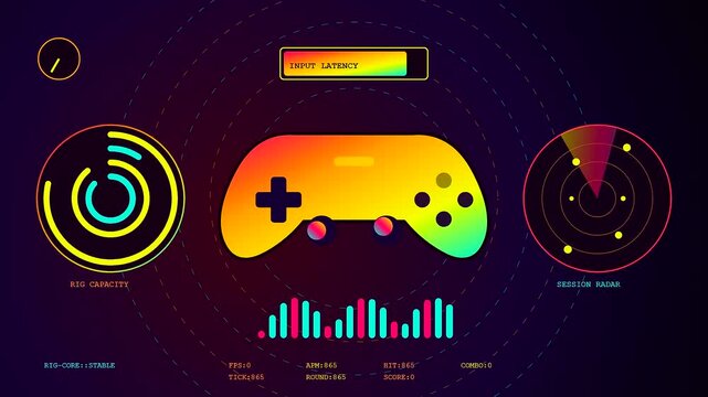 A vibrant streamer dashboard interface features a game controller graphic with moving frequency bars and round data circles reflecting real time performance for professional digital gaming