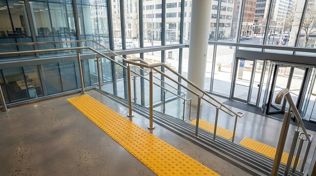 Modern Building Interior Stairway Metal Handrail Tactile Paving Safety Tiles staircase indoor handrail tactile paving building interior stairs railing safety architecture steps accessibility pavement