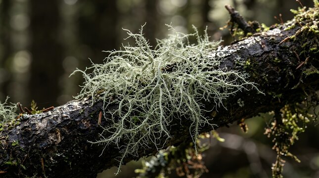 Detailed Filamentous Pale Green Lichen Clinging Dark Forest Tree Branch lichen usnea tree branch pale green filamentous close up forest nature moss botany detailed organism bark wood woodland