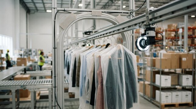 AI fashion logistics in a pristine warehouse with rfid gates, machine-vision cameras, garment rails, and sorted shipping cartons