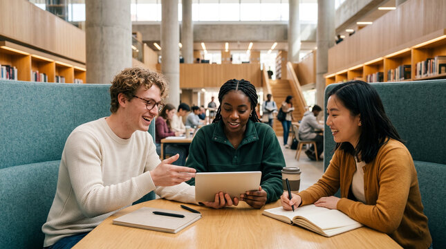Multiethnic university classmates smiling and collaborating over tablet in modern library booth