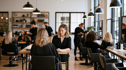 Obraz premium Busy modern hair salon with professional stylists serving diverse clients, haircutting, coloring, blow-drying and consultations happening throughout the space, vibrant beauty