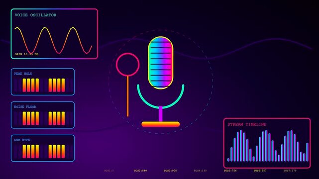 A vibrant streamer dashboard interface features fluctuating audio waveforms and dynamic microphone icons animated in colorful glowing light patterns across a dark digital panel display frame