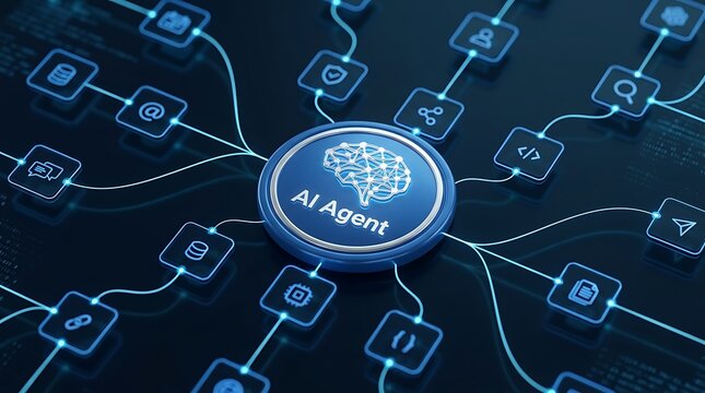 Futuristic blue 3D rendering conceptual icon of artificial intelligence agent software interface for agentic workflow automation data tool dashboard coding flow process database technology.