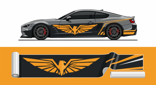 Gray sports car with orange eagle wing decal wrap