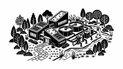 Fototapeta premium Water treatment plant facility with solar panels and circular filtration tanks is shown in line art.