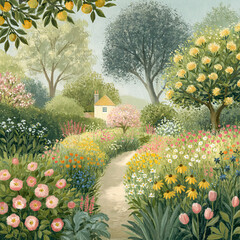 Naklejka premium Serene landscape painting featuring a charming garden filled with vibrant flowers, green foliage, and a quaint cottage
