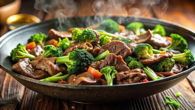 A steaming wok filled with sizzling beef and tender broccoli in a savory asianstyle sauce swirled within