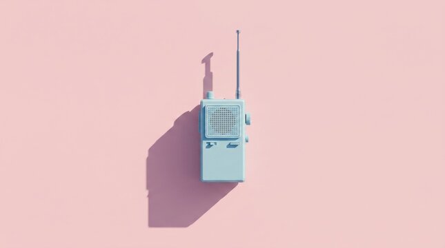 Minimalist vintage portable radio with antenna isolated on solid pink background with long shadow