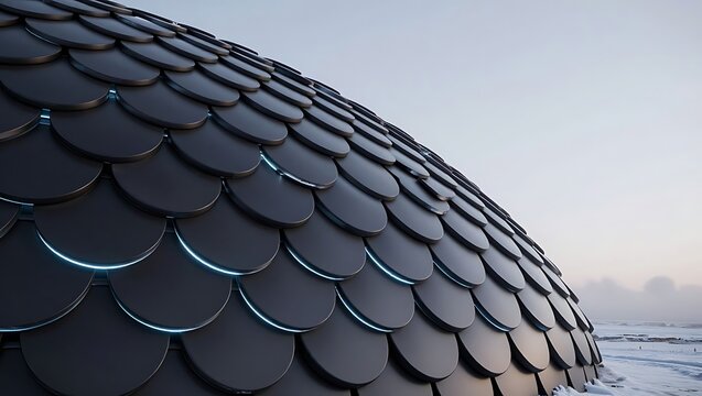 Futuristic dome structure featuring dark scaled exterior panels with glowing blue interior light accents at twilight
