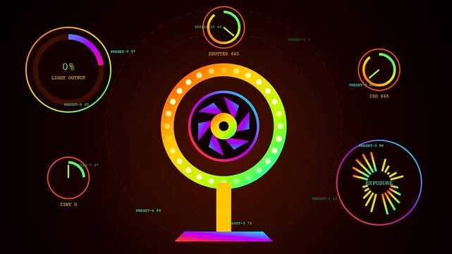 A digital streamer dashboard with animated ring lighting interface displaying camera exposure settings and light output values glowing in neon colors on a dark gaming desk screen