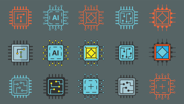 AI chip and microchip line icon set, semiconductor processor and circuit board collection for artificial intelligence technology, hardware component, EPS10