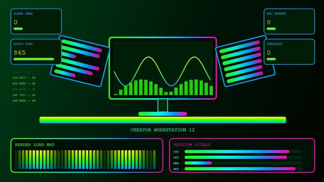 A digital streamer dashboard with animated waveforms and metrics displays floating on a dark screen showing active performance stats in a professional computing environment