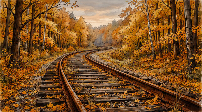 rusty abandoned train tracks curving out of sight into a dense autumn forest with golden leaves scattered between the wooden ties and steel rails under a soft muted evening light