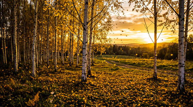 grove of slender white birch trees shedding their bright yellow leaves onto a soft grassy meadow illuminated by the warm golden light of a late afternoon sun setting in the west