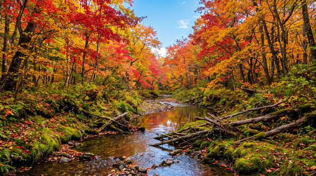 gentle stream winding through a dense thicket of maple trees displaying brilliant red and gold canopy against a clear sky with fallen branches resting on mossy riverbanks nearby