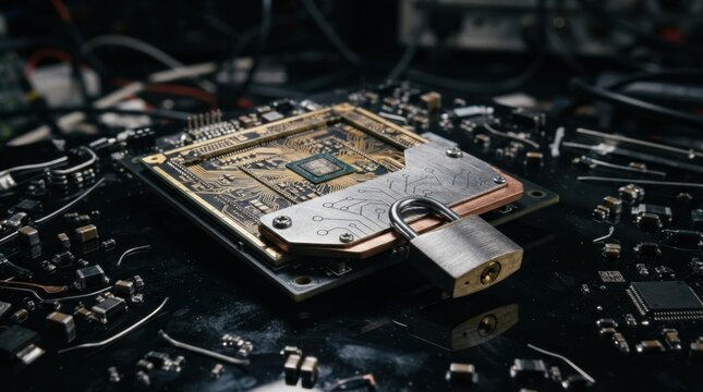 Autonomous ai accountability with neural chip, metal shield, padlock, and microcomponents on black reflective surface
