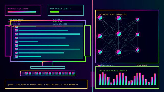 A digital streamer dashboard with neon graphs and network nodes displayed on screens as flickering light patterns emit glowing cyan and magenta tones during streaming sessions