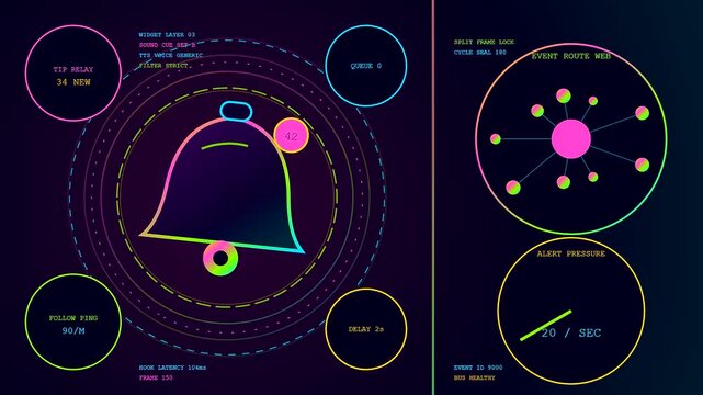 A vibrant streamer dashboard interface displays fluctuating alert statistics through glowing circular radial patterns and neon ring visualizations that cycle across a dark digital panel